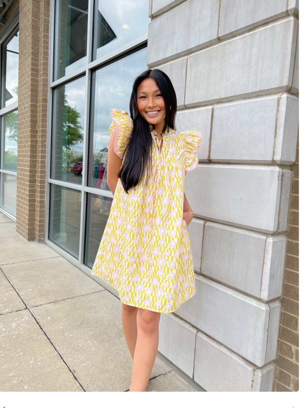 THML Pink and Yellow Ruffle-Sleeve Shift Dress - Picture 3 of 11